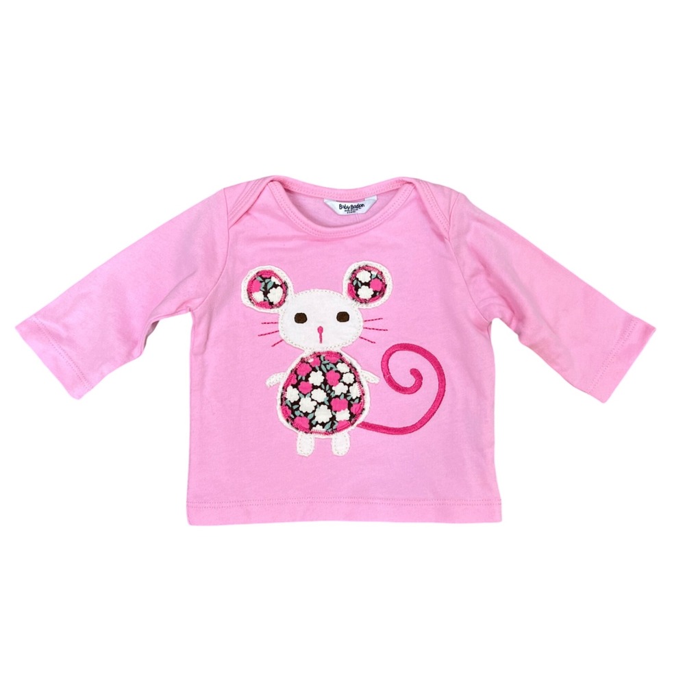 Baby Boden Pink Mouse Floral Applique Long Sleeve Top 0-3 Months NWT